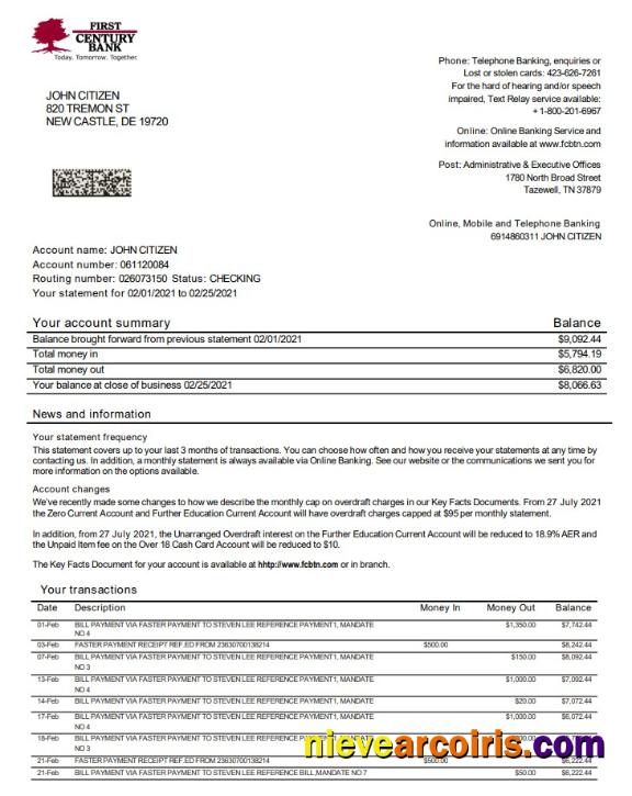 USA First Century bank statement
